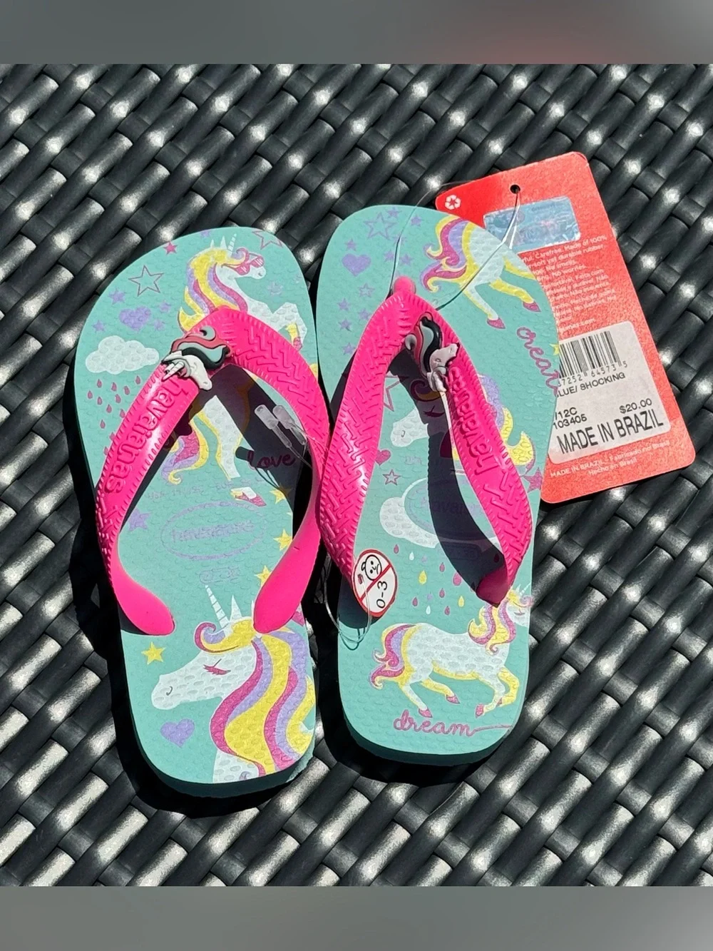 BNWT Havaianas Kids Pink & Aqua Unicorn Flip Flops - Size 12